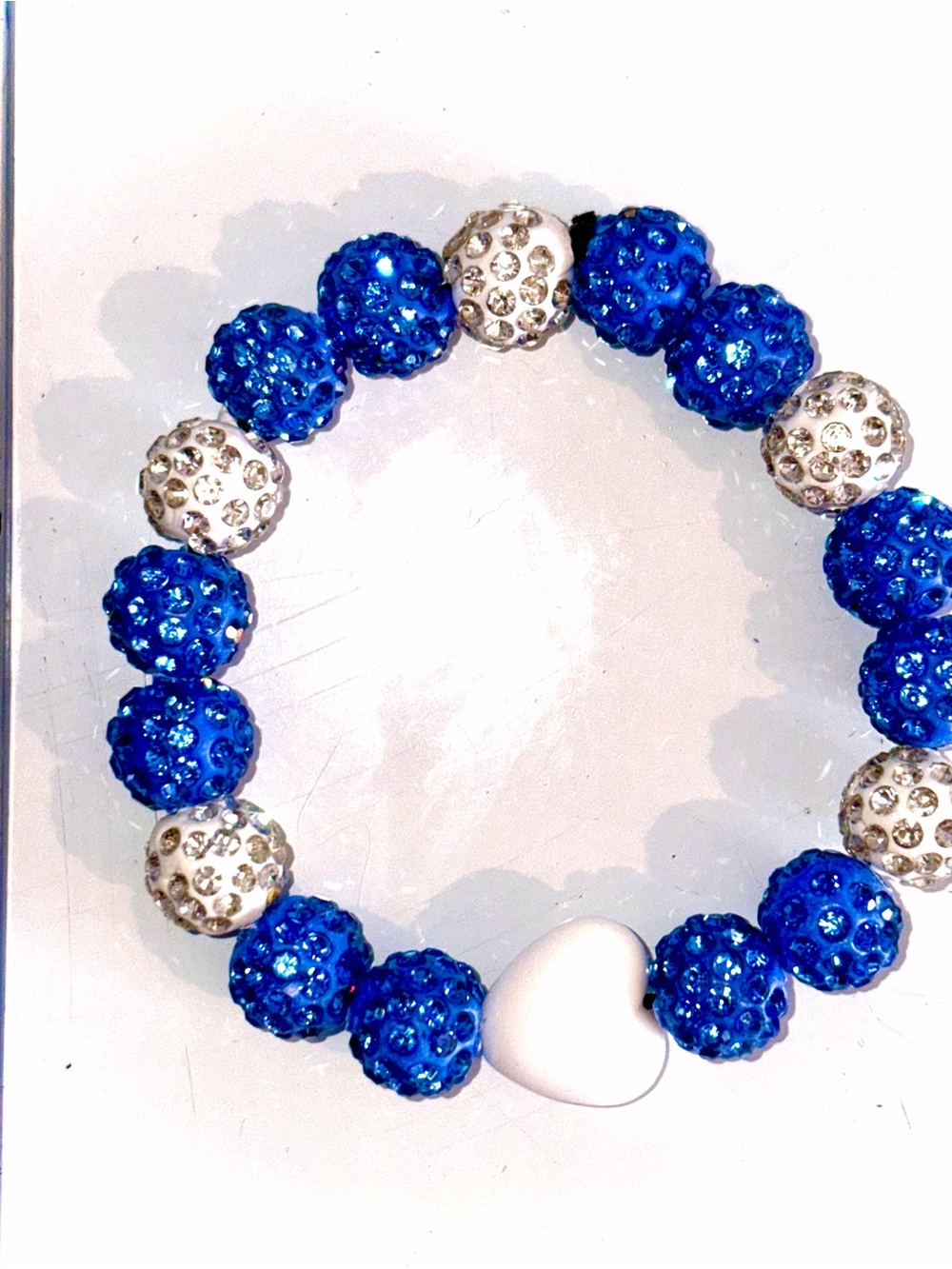Handmade Rhinestone Bracelet with Detroit Lions Colors & White Heart